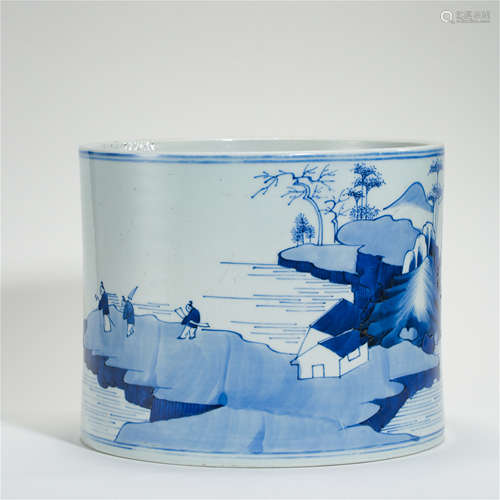 CHINESE PORCELAIN BLUE AND WHITE MEN IN MOUNTAIN BRUSH POT