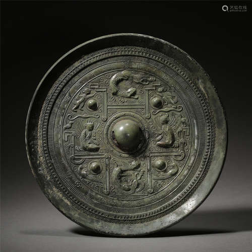 CHINESE BRONZE FIGURES ROUND MIRROR TANG DYNASTY