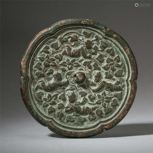 CHINESE BRONZE BOY PLAYING FLOWER SHAPED MIRROR LIAO DYNASTY