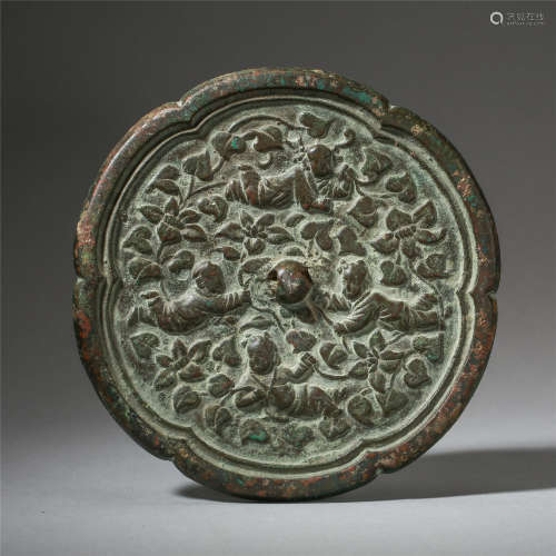 CHINESE BRONZE BOY PLAYING FLOWER SHAPED MIRROR LIAO DYNASTY