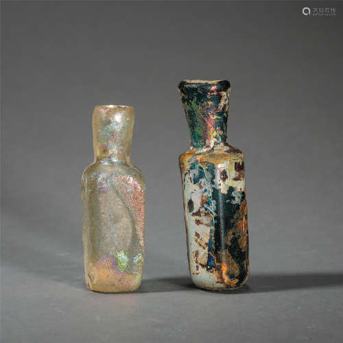 TWO CHINESE GLASS BOTTLES TANG DYNASTY