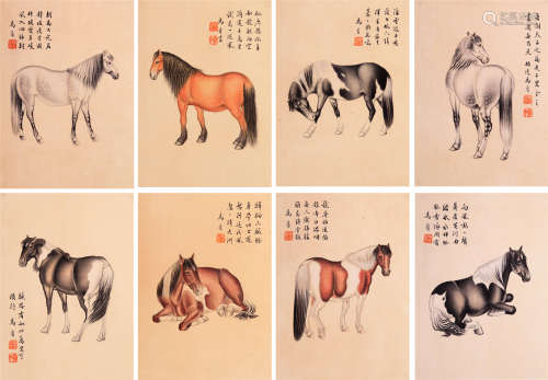 EIGHT PAGES OF CHINESE ALBUM PAINTING OF HORSE BY MA JIN