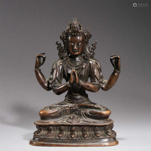 CHINESE BRONZE SEATED SIX ARM GUANYIN QING DYNASTY