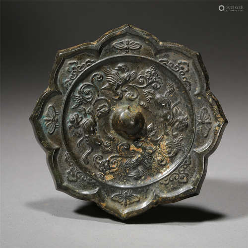 CHINESE BRONZE BIRD FLOWER SHAPED MIRROR TANG DYNASTY