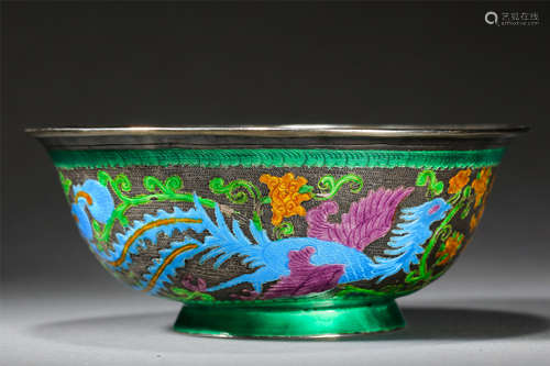 CHINESE SILVER ENAMEL PHOENIX BOWL