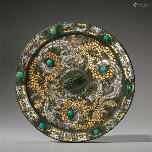 CHINESE TURQUOISE SILVER GOLD INLAID DRAGON ROUND MIRROR HAN DYNASTY