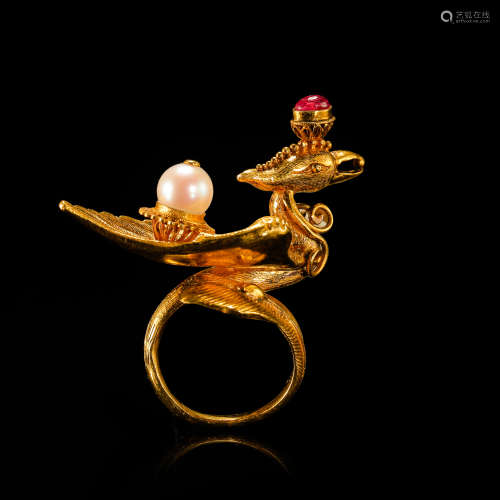 CHINESE PURE GOLD PEARL RUBY INLAID PHOENIX RING