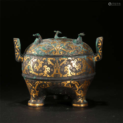 CHINESE GOLD SILVER INLAID BRONZE TRIPLE FEET LIDDED CENSER HAN DYNASTY