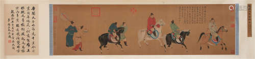 CHINESE HAND SCROLL PPAINTING OF HORSE MEN WITH CALLIGRAPHY BY LI GONGLIN