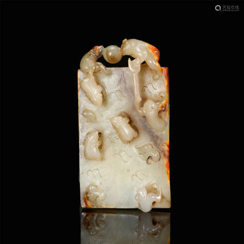 CHINESE ANCIENT JADE BEAST SQUARE PLAQUE HAND DYNASTY