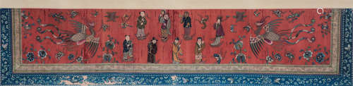 CHINESE EMBROIDERY RED TAPESTRY OF EIGHT IMMORTALS AND PHOENIX