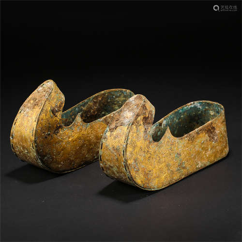 PAIR OF CHINESE GILT BRONZE SHOES LIAO DYNASTY