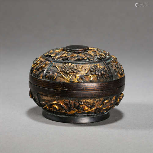 CHINESE GILT BRONZE LIDDED ROUND BOX