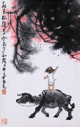 CHINESE SCROLL PAINTING OF BOY WITH OX BY LI KERAN