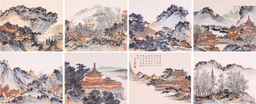 EIGHT PAGES OF CHINESE ALBUM PAINTING OF MOUNTAIN VIEWS BY PU RU