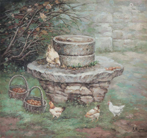 CHINESE OIL PAINTING OF CHICKEN IN GARDEN ON CANVOS