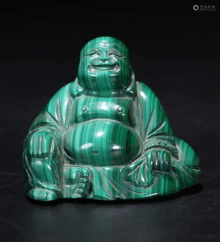 A MALACHITE CARVED MAITREYA BUDDHA