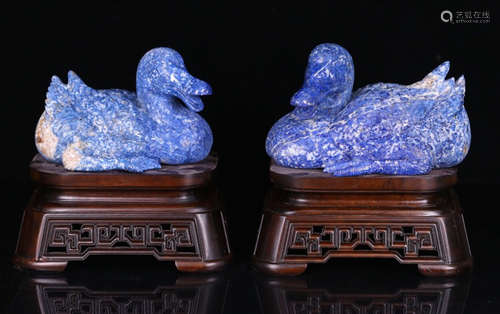 PAIR LAZULI CARVED MANDARIN DUCK SHAPED PENDANT