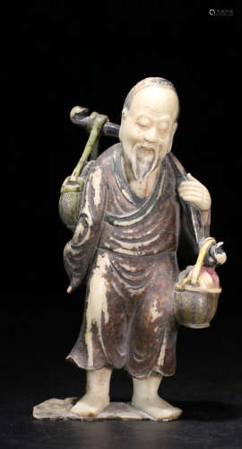 A SOAPSTONE CARVED PAINTED LUOHAN BUDDHA