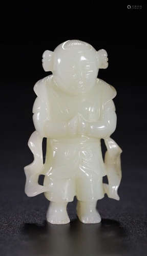 AN OLD HETIAN JADE CARVED CHILD SHAPED PENDANT