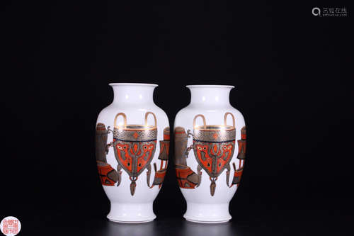 PAIR ENAMELED GLAZE TRIPOD PATTERN VASES