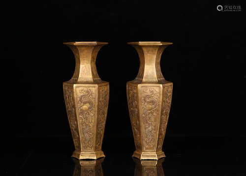 PAIR GILT BRONZE CASTED AUSPICIOUS PATTERN VASES