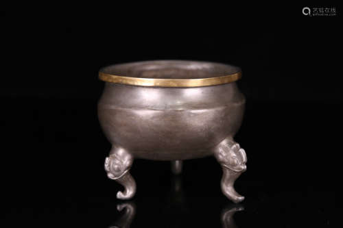 A TIN CASTED WITH GILT SILVER TRIPOD CENSER