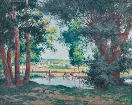 Bessy-sur-Cure, les lavandieres  au bord de l'eau 25 5/8 x 32 in (65.1 x 81.3 cm) Maximilien Luce(1858-1941)