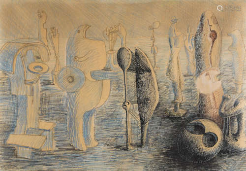 Drawing for Metal Sculpture 15 x 22 in (38.2 x 56 cm) HENRY MOORE(1898-1986)