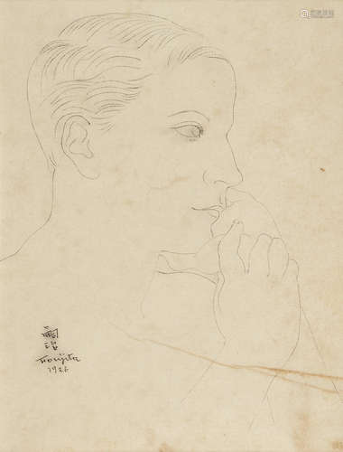 Portrait 9 3/4 x 7 3/8 in (24.9 x 18.5 cm) LÉONARD TSUGUHARU FOUJITA(1886-1968)