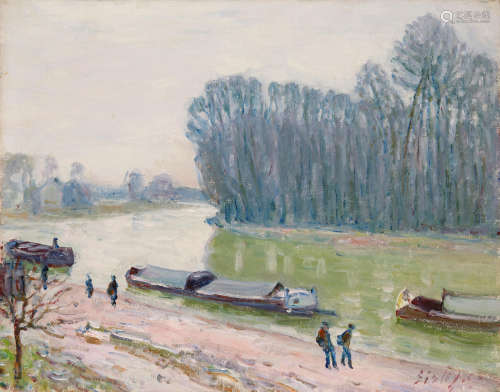 Péniches sur le Loing 13 x 16 in (33.5 x 41.5 cm) ALFRED SISLEY(1839-1899)
