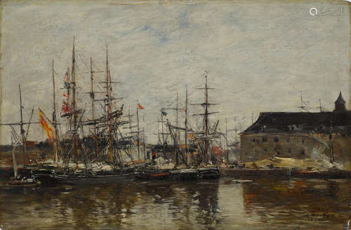 Anvers. Trois-mats à quai 11 1/4 x 17 1/4 in (28.6 x 43.8 cm) Eugène Boudin(1824-1898)