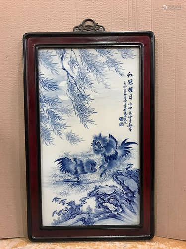 A BLUE&WHITE PORCELAIN PAINTING BOARD OF WANG BU