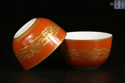 A PAIR OF YONGZHENG MARK RED GLAZE CUPS WITH GOLDEN EDGE