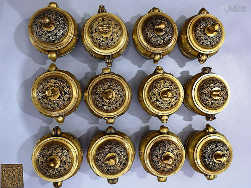 TWELVE XUANDE MARK GILT BRONZE TRIPLE CENSERS