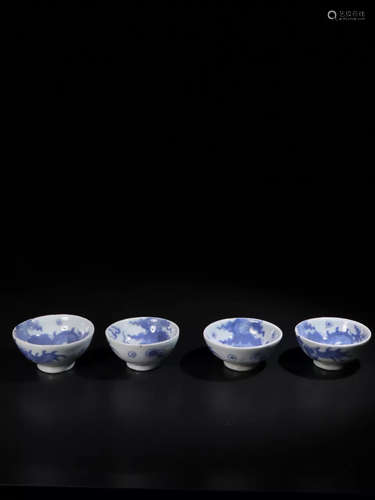 17-19TH CENTURY, FOUR BLUE&WHITE DRAGON DESIGN BOWLS, QING DYNASTY.