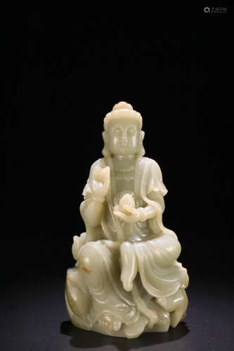 17-19TH CENTURY, A HETIAN JADE GUANYIN STATUE, QING DYNASTY.