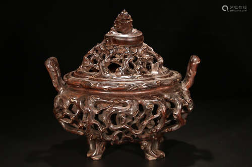 A ZITAN WOOD CENSER WITH BEAST CARVING