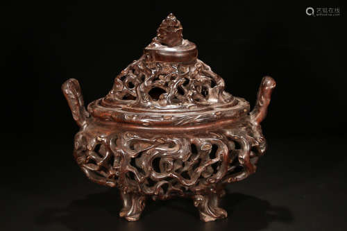 A ZITAN WOOD CENSER WITH BEAST CARVING
