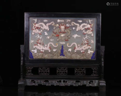 17-19TH CENTURY, A DRAGON PATTERN OLD ROSEWOOD SCREEN, QING DYNASTY