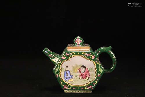 AN OLD STORY DESIGN ENAMEL PURPLE CLAY TEAPOT