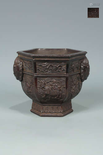 A XUANDE MARK BRONZE CENSER WITH SEA MONSTER