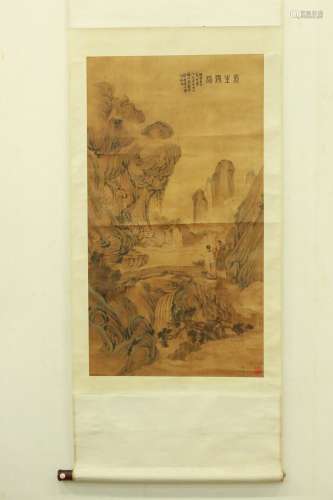 清代画家“彭晹”款临摹唐寅《山水人物图》绢本立轴