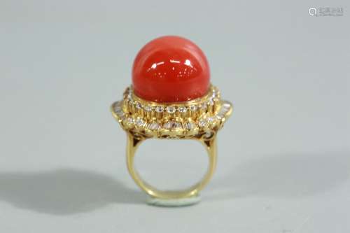 天然红珊瑚豪华16咪大圆珠镶嵌18K金钻石戒指