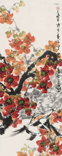 陈子毅 1976年作 红棉喜鹊 立轴 设色纸本