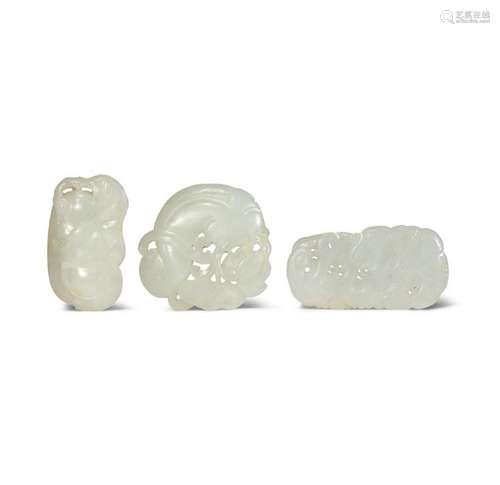 THREE CHINESE PALE CELADON JADE PENDANTS QING DYNA...;