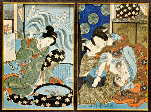 SEVEN JAPANESE EROTIC WOODBLOCK PRINTS, SHUNGA EDO...;