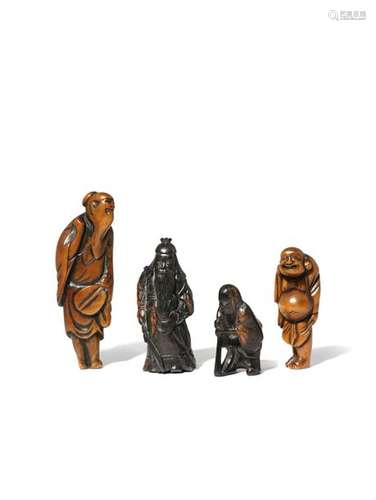 FOUR JAPANESE WOOD NETSUKE EDO AND MEIJI PERIOD Tw...;