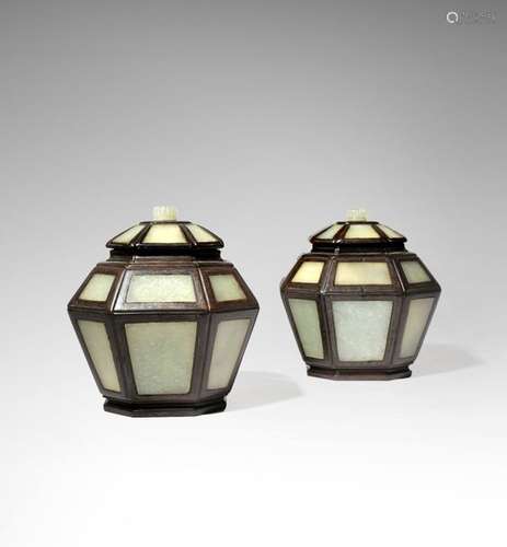 A RARE PAIR OF CHINESE OCTAGONAL JADE INSET ZITAN ...;