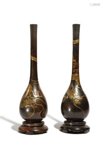 A NEAR PAIR OF JAPANESE LACQUERED BRONZE VASES MEI...;